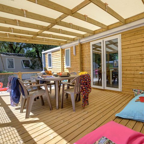 Mobilheim 8 Personen - Family 4ch-CLIM-überdachte XXL-Terrasse-TV-LV-Plancha-38m²| PREMIUM