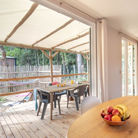 Mobilheim 4 Personen - Garden 2ch-Badewanne-TV-LV-Plancha-überdachte Terrasse-31m² | PREMIUM