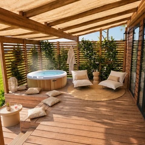Mobilheim 4 personen - Cocoon - 2 Schlafzimmer - 2 Bäder - PREMIUM+ – 33 m² – Whirlpool – Klimaanlage – - TV – Geschirrspüler – Plancha – überdachte Terrasse – Travel-Paket