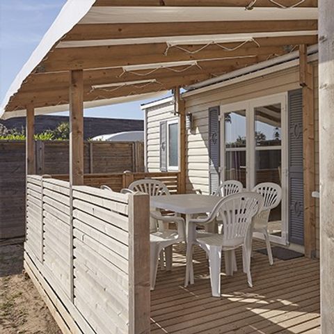 Mobilheim 6 personen - Premium | 3 Zi. | 6 Pers. | Erhöhte Terrasse | 2 Bäder | Klim.