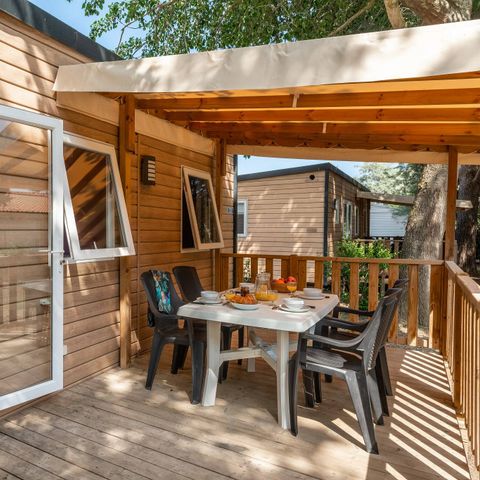 Mobilheim 6 Personen - Premium Exclusive | 3 Zi. | 6 Pers. | Erhöhte Terrasse | Klimaanlage | TV