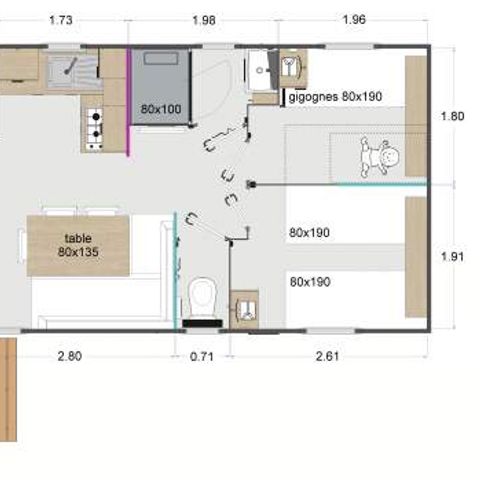 Mobilheim 6 Personen - Lodge 83 Confort plus 3 Zimmer - 28 m² + integrierte Terrasse von 8 m