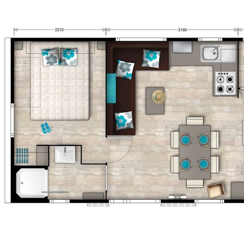 Mobilheim 6 personen - Premium | 3 Schlafz. | 6 Pers. | Erhöhte Terrasse | Klimaanlage | TV