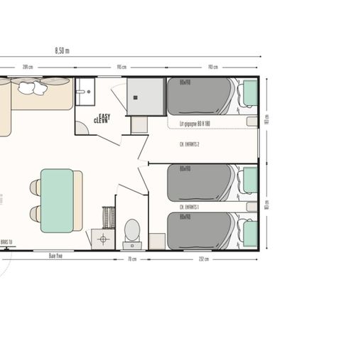 Mobilheim 6 Personen - Premium | 3 Schlafz. | 6 Pers. | Terrasse Lounge | Klimaanlage | TV