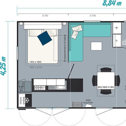 Mobilheim 6 Personen - Comfort | 3 Zi. | 6 Pers. | Erhöhte Terrasse | Klimaanlage | TV