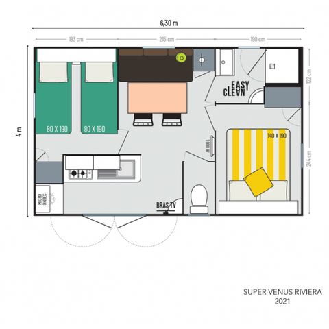 Mobilheim 4 Personen - 4 plus - 22m² - 2 Schlafzimmer, halboffene Terrasse