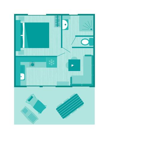 Mobilheim 3 Personen - Mobilheim | Comfort | 1 Zi. | 2/3 Pers. | Erhöhte Terrasse | Klima | TV
