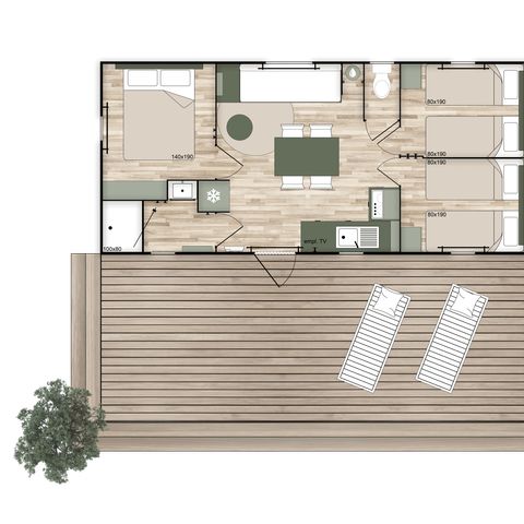 Mobilheim 6 Personen - Premium - 33 m² (3 Zimmer) + Überdachte Terrasse