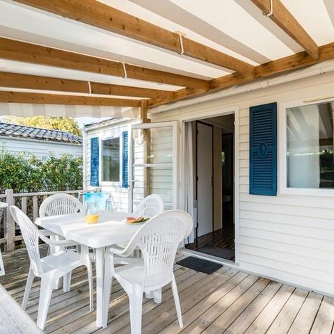 Mobilheim 2 Personen - Mobilheim Strand 18.6m² (+ 10 Jahre) (1 Zimmer) + Halbüberdachte Holzterrasse + TV 2 Pers.