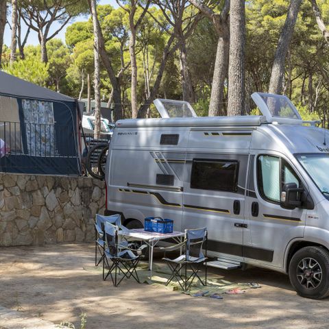 Stellplatz - Standard Basic (45-60m2): Auto + Wohnwagen oder Wohnmobil oder Zelt + Strom