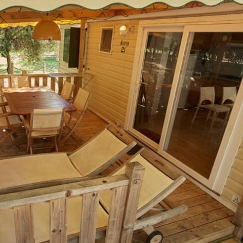 Mobilheim 6 Personen - Premium | 3 Zi. | 6 Pers. | Überdachte Terrasse | Klimaanlage | TV