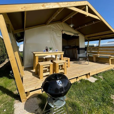 Safarizelt 5 personen - Lodge-Zelt „FreeFlower Standard“ 30 m² (2 Schlafzimmer) + Terrasse für 5 Personen