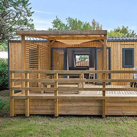 Mobilheim 6 personen - Premium | 3 Zi. | 6 Pers. | Erhöhte Terrasse | 2 Bad | Klimaanlage | TV