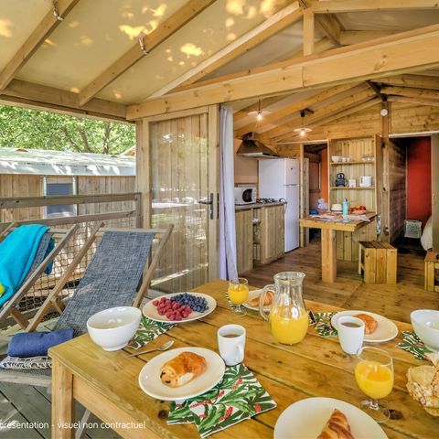 Mobilheim 4 Personen - Cosyflower Premium auf Stelzen 38m² - 2 Schlafzimmer + TV + Bettwäsche + Handtücher überdachte Terrasse 11m²
