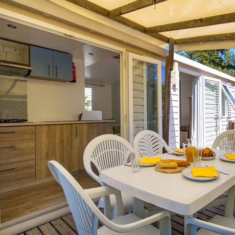 Mobilheim 6 Personen - Comfort | 3 Schlafz. | 6 Pers. | Erhöhte Terrasse | Klimaanlage | TV