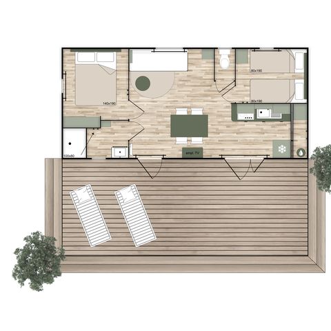 Mobilheim 5 Personen - Mobil PHOENIX klimatisiert 2 Schlafzimmer (33m²)