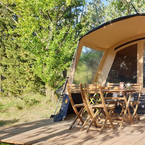 Safarizelt 4 Personen - Zelt prêt à camper 28 m² - halbüberdachte Terrasse - ohne Sanitäranlagen