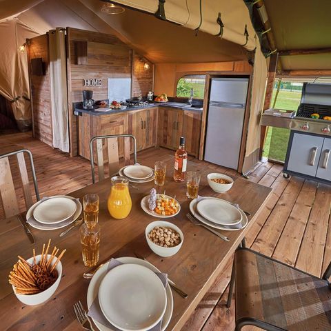 Safarizelt 6 personen - Lodge Kenya Vintage Komfort 46m² - 2 Zimmer + überdachte Terrasse 4/5 pers.