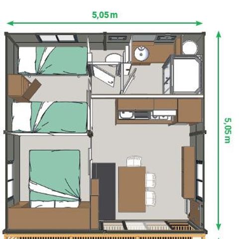 Mobilheim 5 Personen - Cottage Morea Confort 25m² 2 Zimmer + überdachte Terrasse 1/5 Pers.