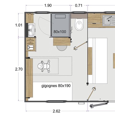 Mobilheim 4 Personen - "Olivier" (2023) Sonntag, 2 Schlafzimmer 2 Badezimmer, großes Wohnzimmer (tv), Terrasse