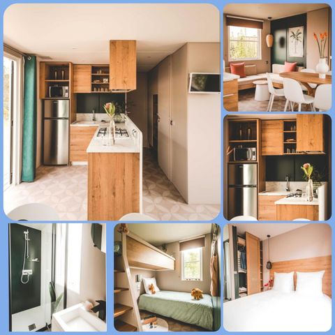 Mobilheim 8 Personen - Premium 30-40m² - 3 Schlafzimmer + TV + Überdachte Terrasse & Einwegbettwäsche vorhanden
