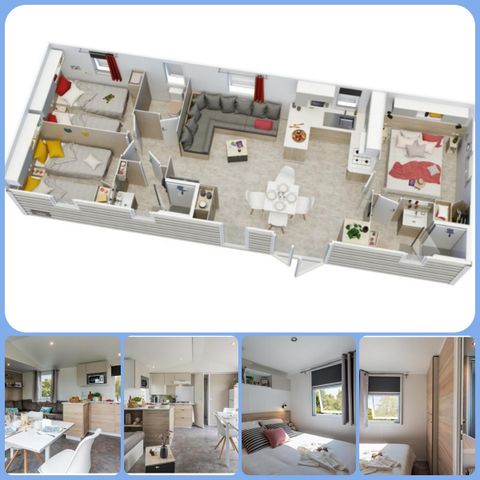 Mobilheim 8 Personen - Premium 30-40m² - 3 Schlafzimmer + TV + Überdachte Terrasse & Einwegbettwäsche vorhanden