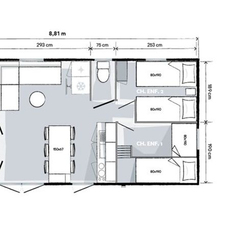 Mobilheim 8 Personen - Mobilheim 32m² (3 Zimmer) + große halbüberdachte Terrasse von 18m².