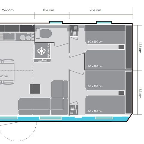Mobilheim 8 Personen - Mobilheim 32m² (3 Zimmer) + große halbüberdachte Terrasse von 18m².