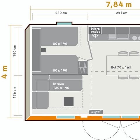 Mobilheim 6 Personen - Mobilheim 28m² (2 Zimmer) + große halbüberdachte Terrasse von 15m2