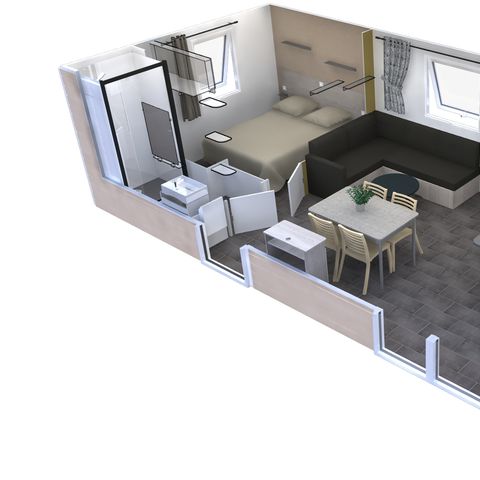 Mobilheim 4 Personen - Premium 33m² - 2 Schlafzimmer - überdachte Terrasse