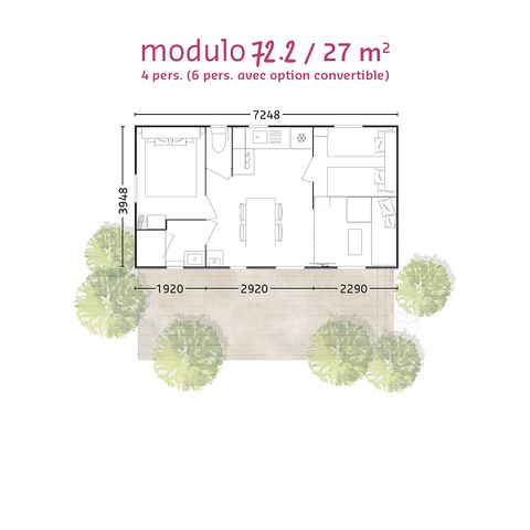 Mobilheim 6 personen - "BAHIA MODULO Confort +" - 27m² - 4/6 Personen - 2 Schlafzimmer - Überdachte Terrasse