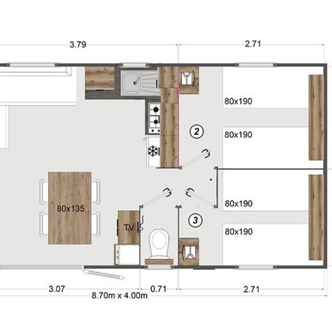 Mobilheim 6 Personen - OPALIA 3 Zimmer 6 Plätze DONNERSTAG