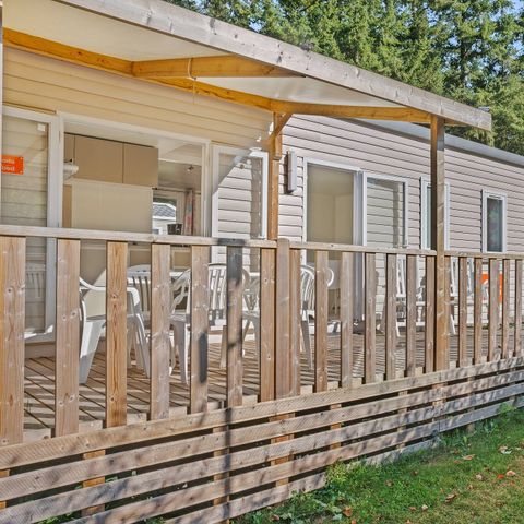Mobilheim 6 Personen - Comfort | 3 Schlafzimmer | 6 Schlafplätze | Halbüberdachte Terrasse | 1 Badezimmer | Klimaanlage