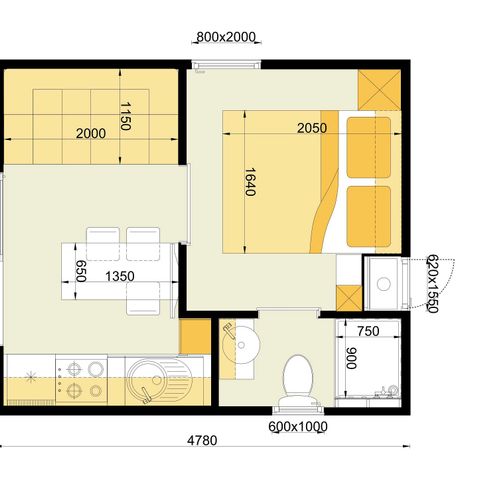 Mobilheim 2 Personen - Comfort | 1 Zi. | 2 Pers. | Erhöhte Terrasse | Klima | TV