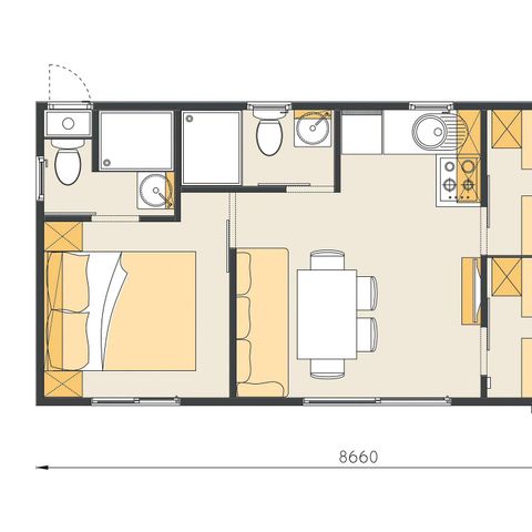 Mobilheim 6 Personen - Mobilheim | Comfort | 3 Zi. | 6 Pers. | Erhöhte Terrasse | 2 Bäder | Klimaanlage | TV