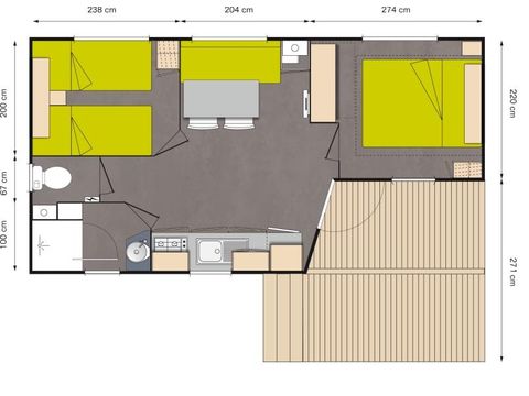 Mobilheim 4 Personen - Premium Capucine - 2 Zimmer + halbüberdachte Terrasse