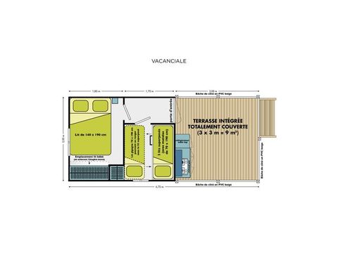 Bungalowzelt 5 Personen - Cabane Nature 2ch-ohne Sanitäranlagen-überdachte Terrasse-19m²-ohne TV
