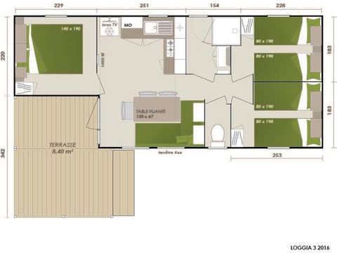 Mobilheim 6 Personen - Family 3ch-CLIM-überdachte XXL-Terrasse-TV-LV-Plancha-30m² | PREMIUM