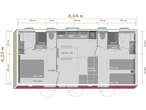 Mobilheim 5 Personen - Premium PLUS 2ch-CLIM- 2 SDB-TV-LV-Plancha-überdachte Terrasse-33m² | PREMIUM