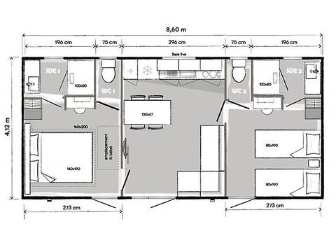 Mobilheim 5 Personen - PREMIUM - 2 Schlafzimmer mit Klimaanlage +TV+ Gas Plancha + 2 Bäder