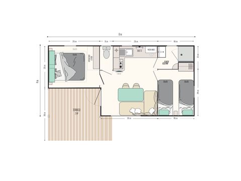 Mobilheim 4 personen - 25m² Premium (2Sch-4Pers) davon Halbüberdachte Terrasse + TV + LV + BBQ