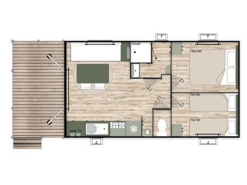Mobilheim 4 Personen - Premium - 35 m² (2 Zimmer) + Überdachte Terrasse