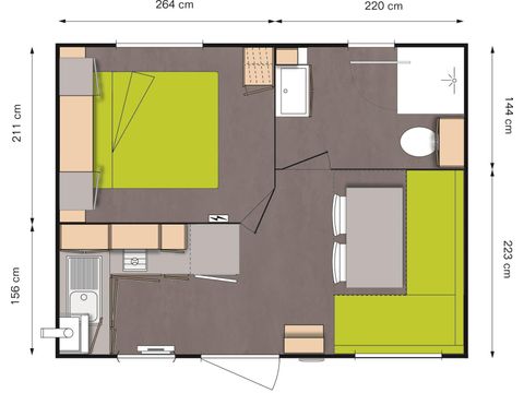 Mobilheim 2 Personen - Mobilheim Strand 18.6m² (+ 10 Jahre) (1 Zimmer) + Halbüberdachte Holzterrasse + TV 2 Pers.