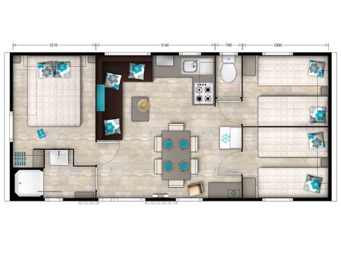 Mobilheim 6 Personen - Premium | 3 Zi. | 6 Pers. | Überdachte Terrasse | Klimaanlage | TV