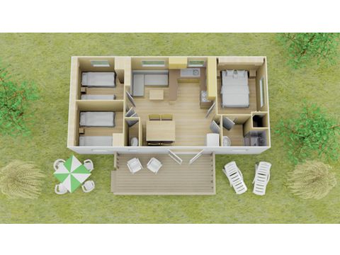 Mobilheim 8 Personen - Classic | 3 Schlafz. | 6/8 Pers. | Erhöhte, nicht überdachte Terrasse | Klima.
